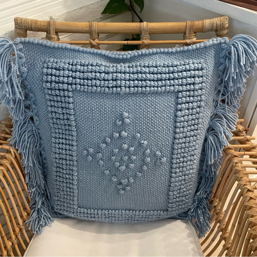Blue Textured Throw Pillow with Fringe